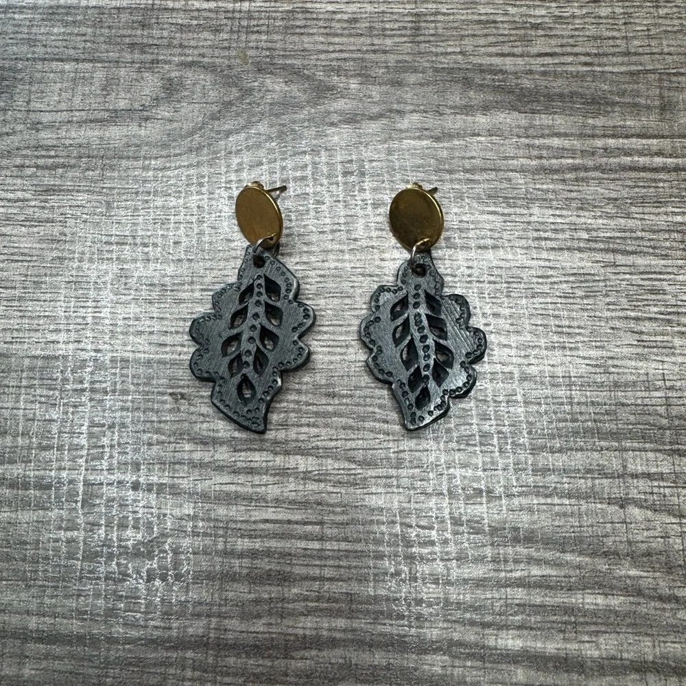 Black clay Black and Gold Leaf Earrings